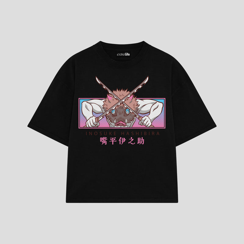 Playera streetwear premium de anime y gaming ExtraLife MX, corte boxy oversized drop shoulder heavyweight en color Deep Black y Off-White, moda urbana mexicana de culto.