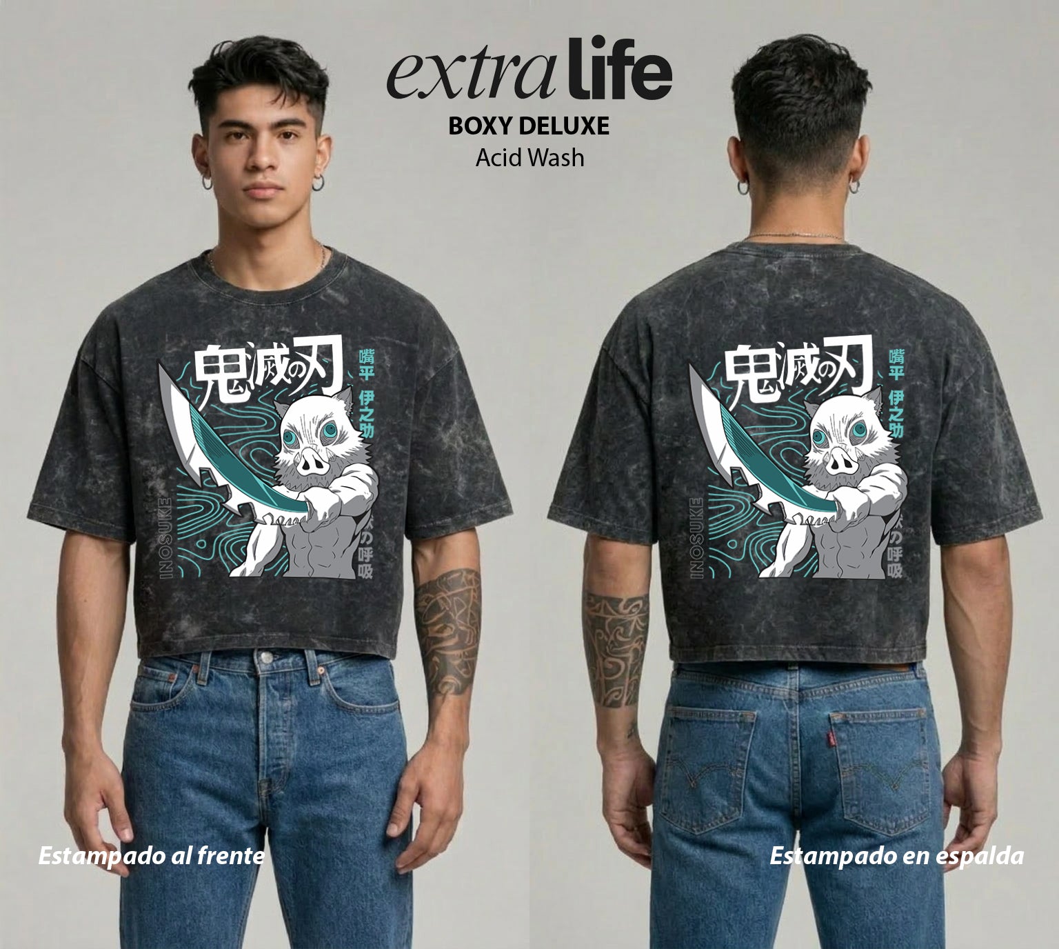 Playera streetwear premium de anime y gaming ExtraLife MX, corte boxy deluxe mineral wash heavyweight en color Acid Wash, moda urbana mexicana de culto.