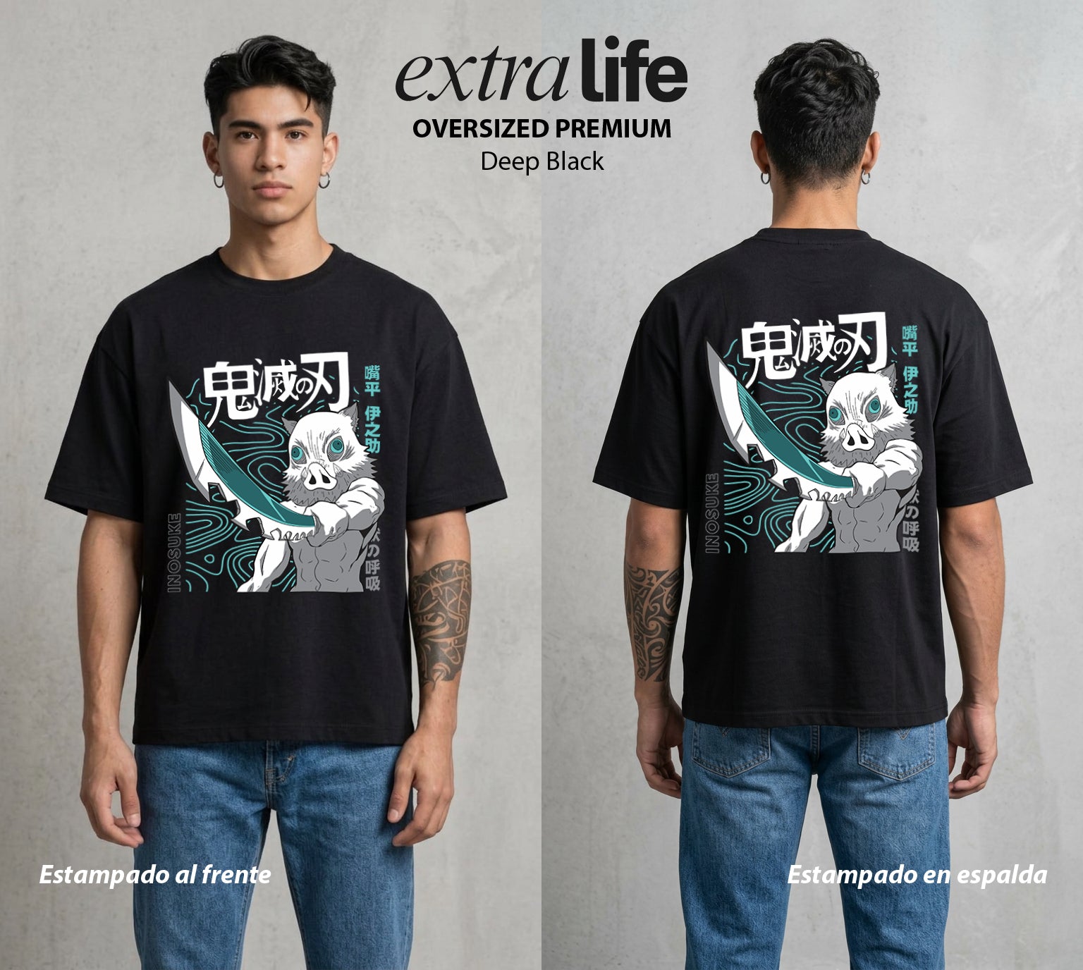 Cazadores de la Noche | Doble Filo y Furia #01048 - Playera Oversized Premium | Deep Black - Foto en modelo