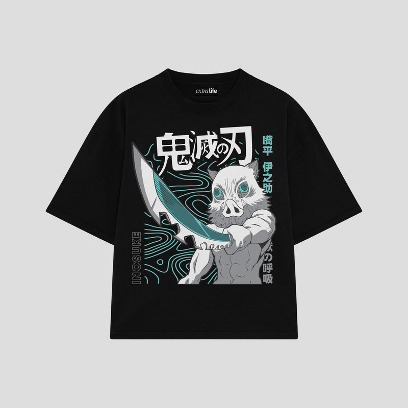 Playera streetwear premium de anime y gaming ExtraLife MX, corte boxy oversized drop shoulder heavyweight en color Deep Black y Off-White, moda urbana mexicana de culto.