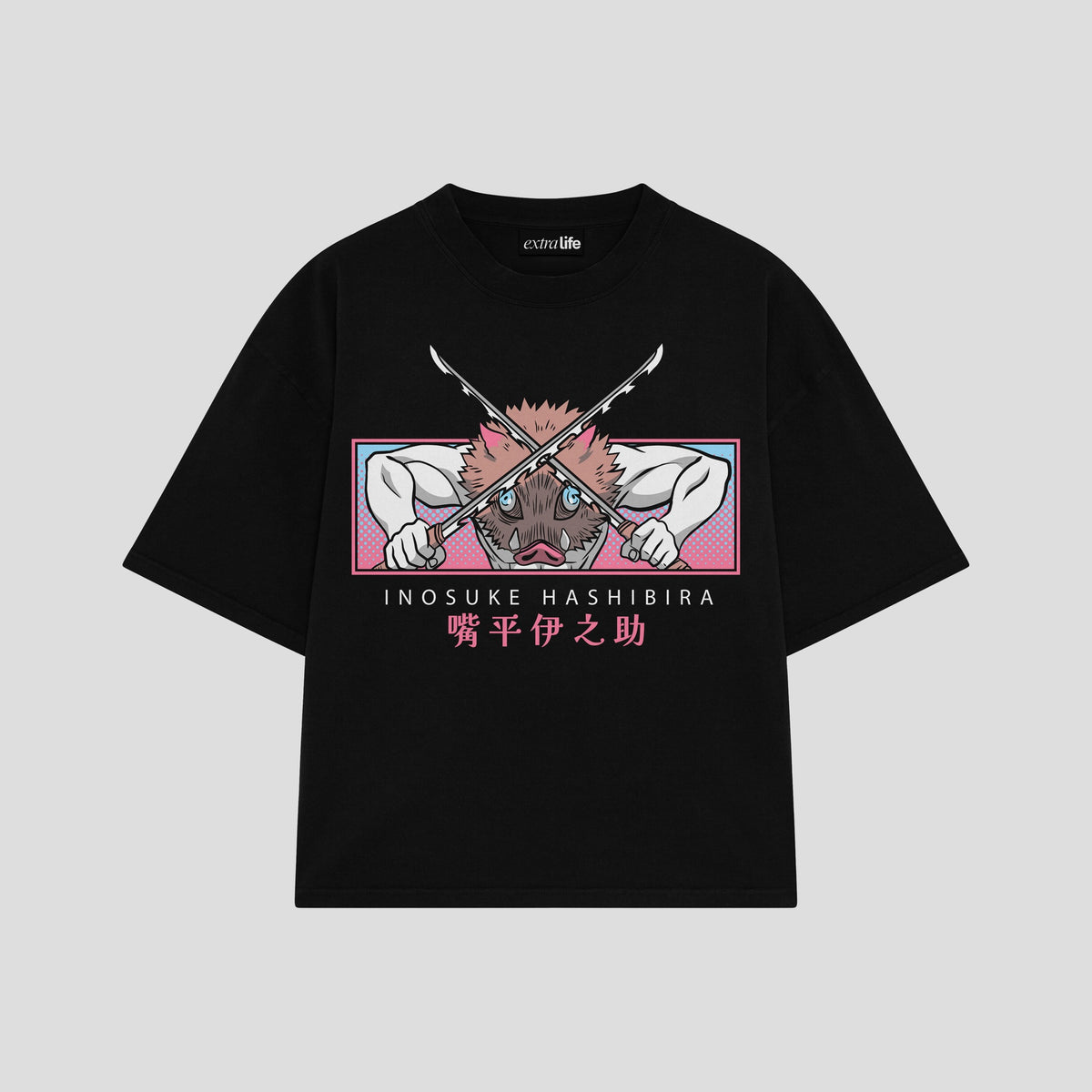 Playera streetwear premium de anime y gaming ExtraLife MX, corte oversized drop shoulder ligero y fresco en color Deep Black y Off-White, moda urbana mexicana de culto.