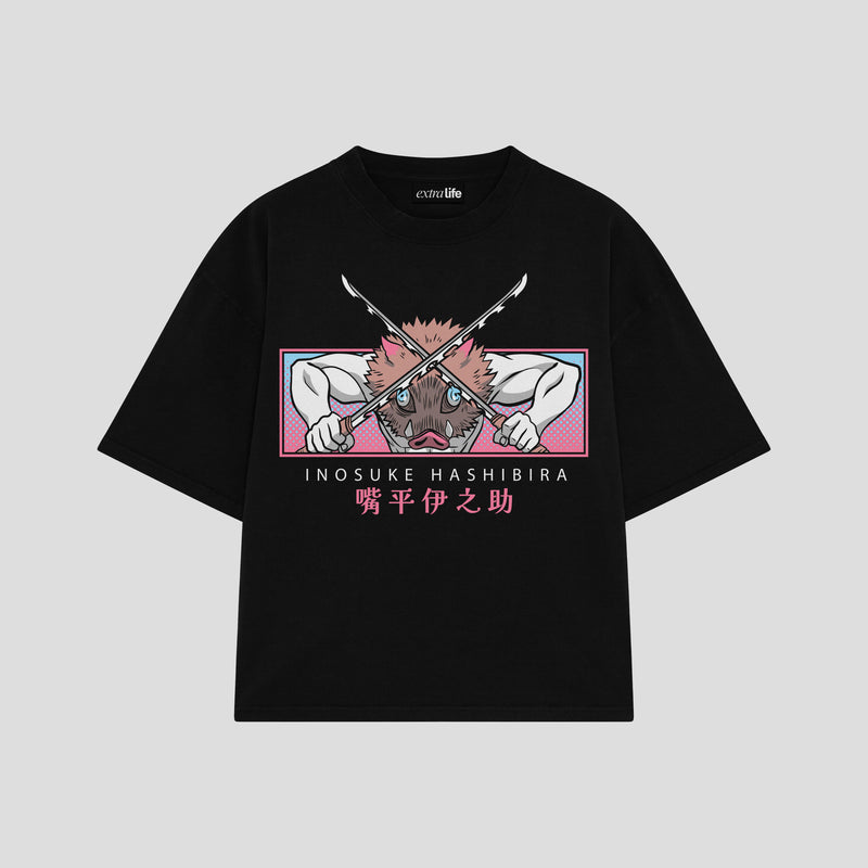 Playera streetwear premium de anime y gaming ExtraLife MX, corte boxy oversized drop shoulder heavyweight en color Deep Black y Off-White, moda urbana mexicana de culto.