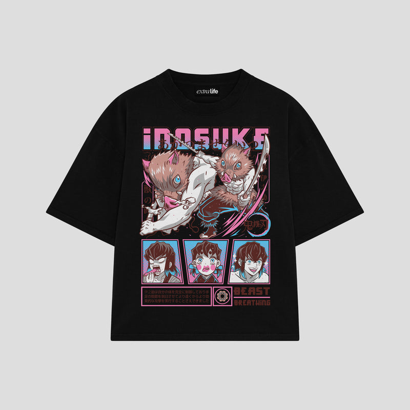 Playera streetwear premium de anime y gaming ExtraLife MX, corte boxy oversized drop shoulder heavyweight en color Deep Black y Off-White, moda urbana mexicana de culto.