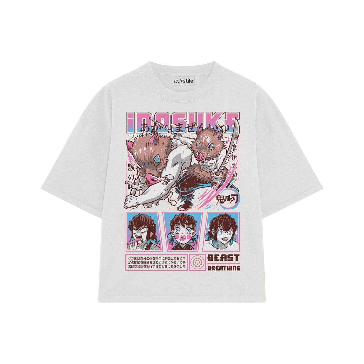 Playera streetwear premium de anime y gaming ExtraLife MX, corte oversized drop shoulder ligero y fresco en color Deep Black y Off-White, moda urbana mexicana de culto.