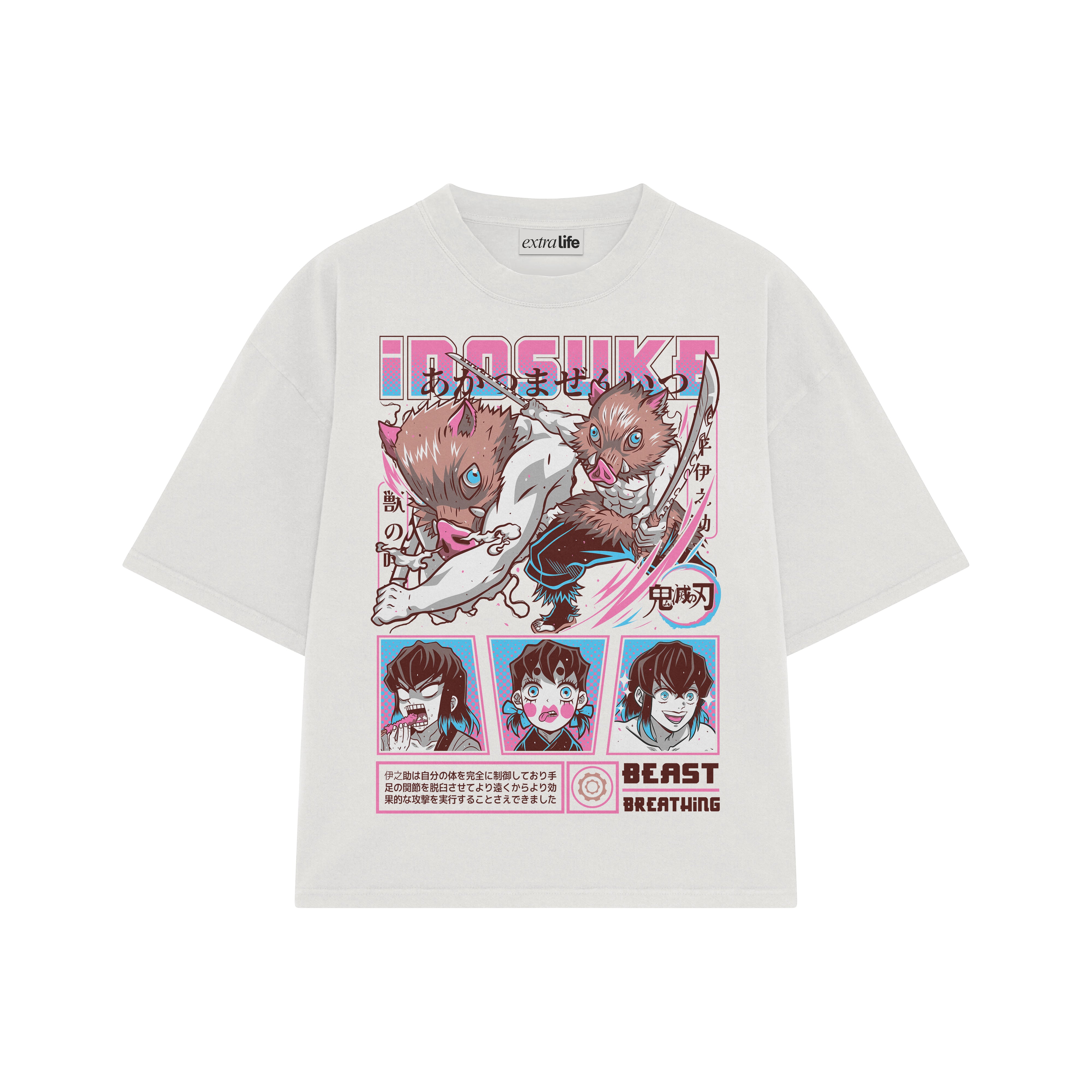 Playera streetwear premium de anime y gaming ExtraLife MX, corte boxy oversized drop shoulder heavyweight en color Deep Black y Off-White, moda urbana mexicana de culto.