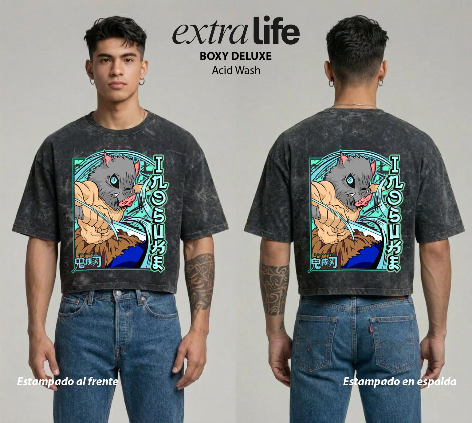 Playera streetwear premium de anime y gaming ExtraLife MX, corte boxy deluxe mineral wash heavyweight en color Acid Wash, moda urbana mexicana de culto.