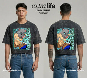 Playera streetwear premium de anime y gaming ExtraLife MX, corte boxy deluxe mineral wash heavyweight en color Acid Wash, moda urbana mexicana de culto.