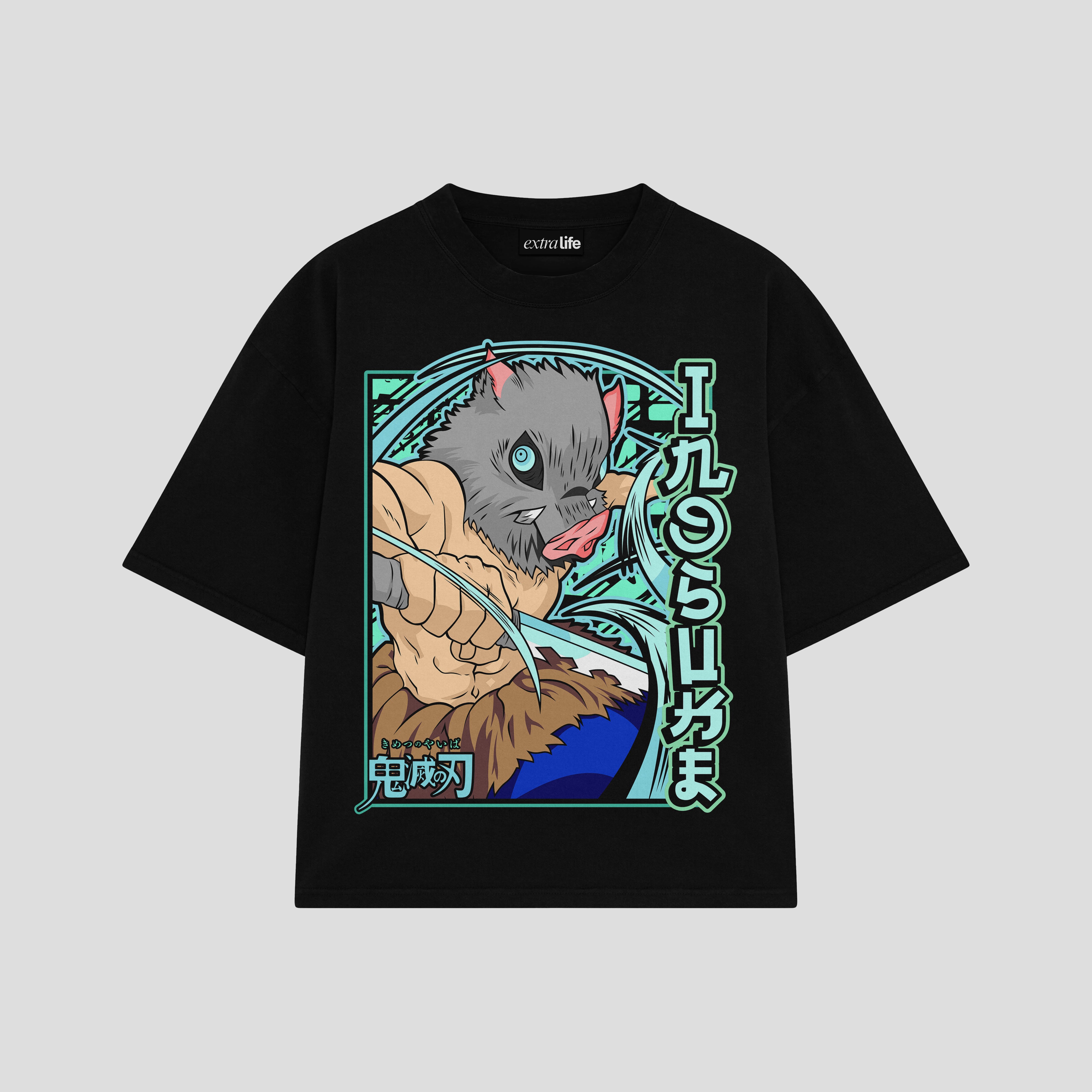 Playera streetwear premium de anime y gaming ExtraLife MX, corte boxy oversized drop shoulder heavyweight en color Deep Black y Off-White, moda urbana mexicana de culto.