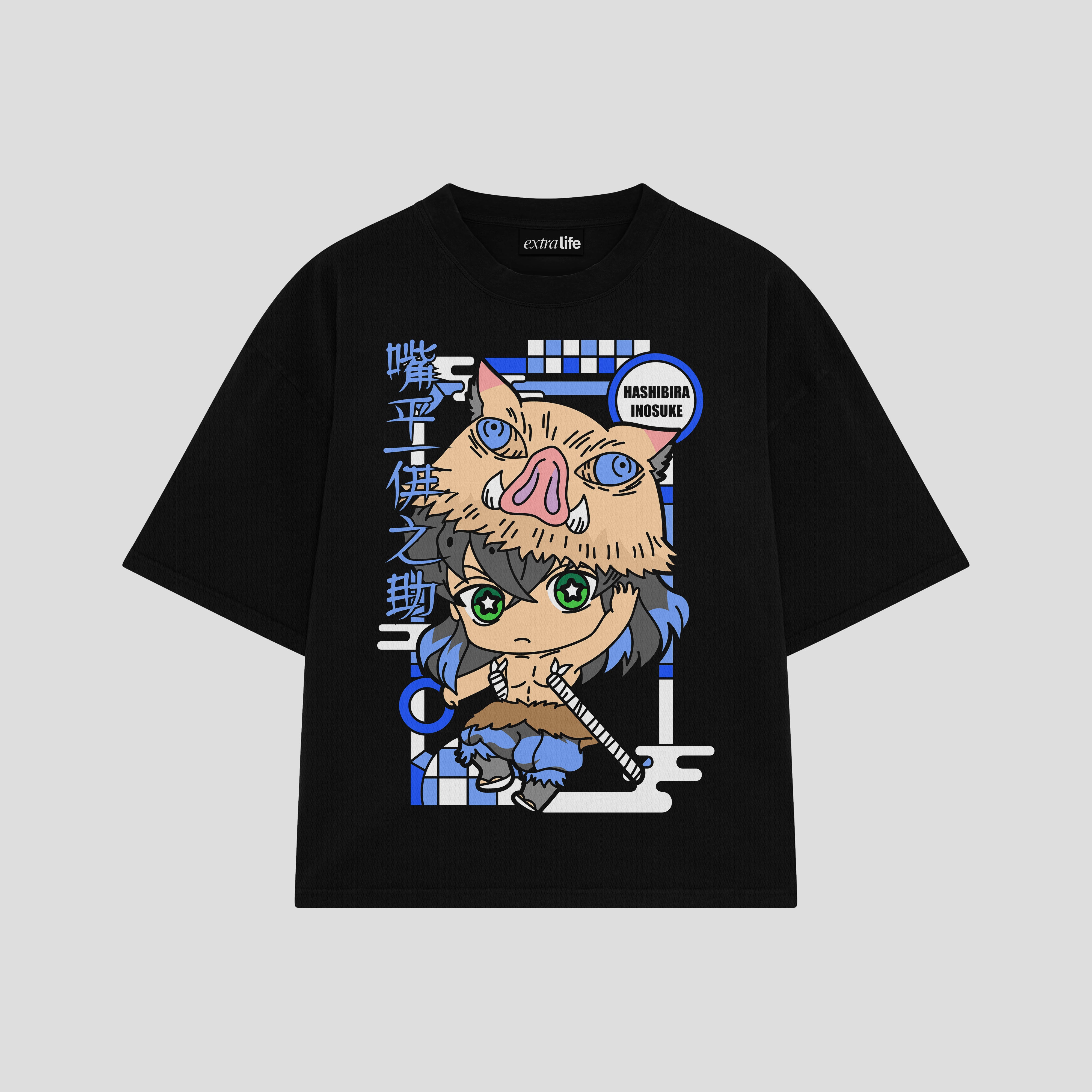 Playera streetwear premium de anime y gaming ExtraLife MX, corte boxy oversized drop shoulder heavyweight en color Deep Black y Off-White, moda urbana mexicana de culto.