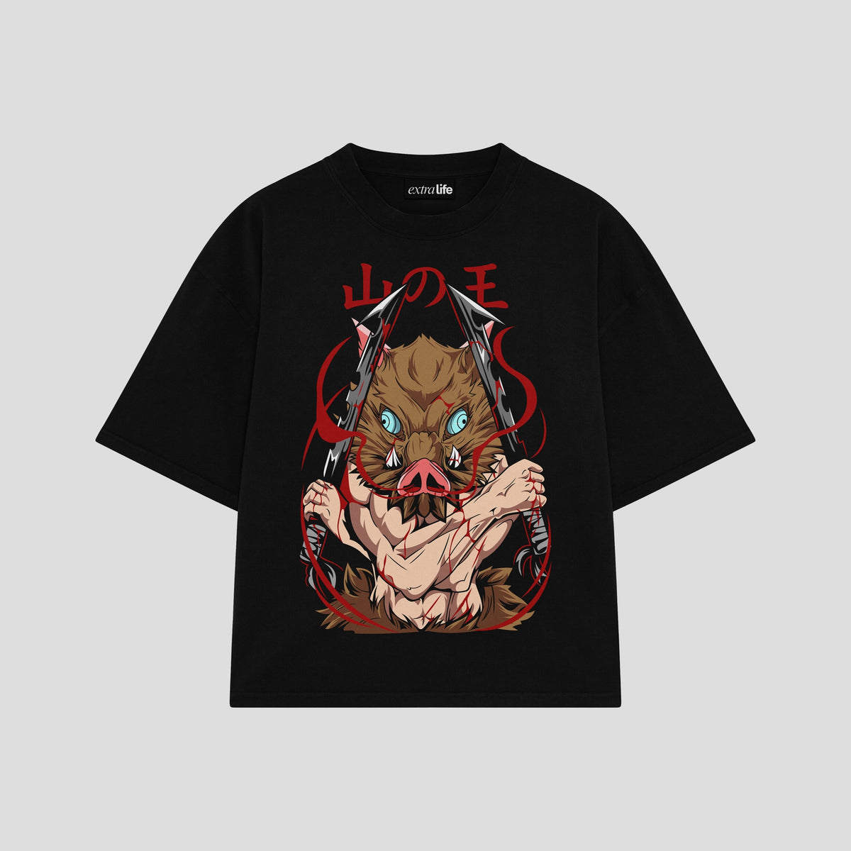 Playera streetwear premium de anime y gaming ExtraLife MX, corte oversized drop shoulder ligero y fresco en color Deep Black y Off-White, moda urbana mexicana de culto.