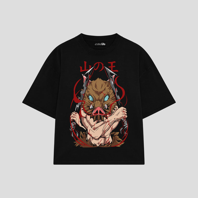 Playera streetwear premium de anime y gaming ExtraLife MX, corte boxy oversized drop shoulder heavyweight en color Deep Black y Off-White, moda urbana mexicana de culto.