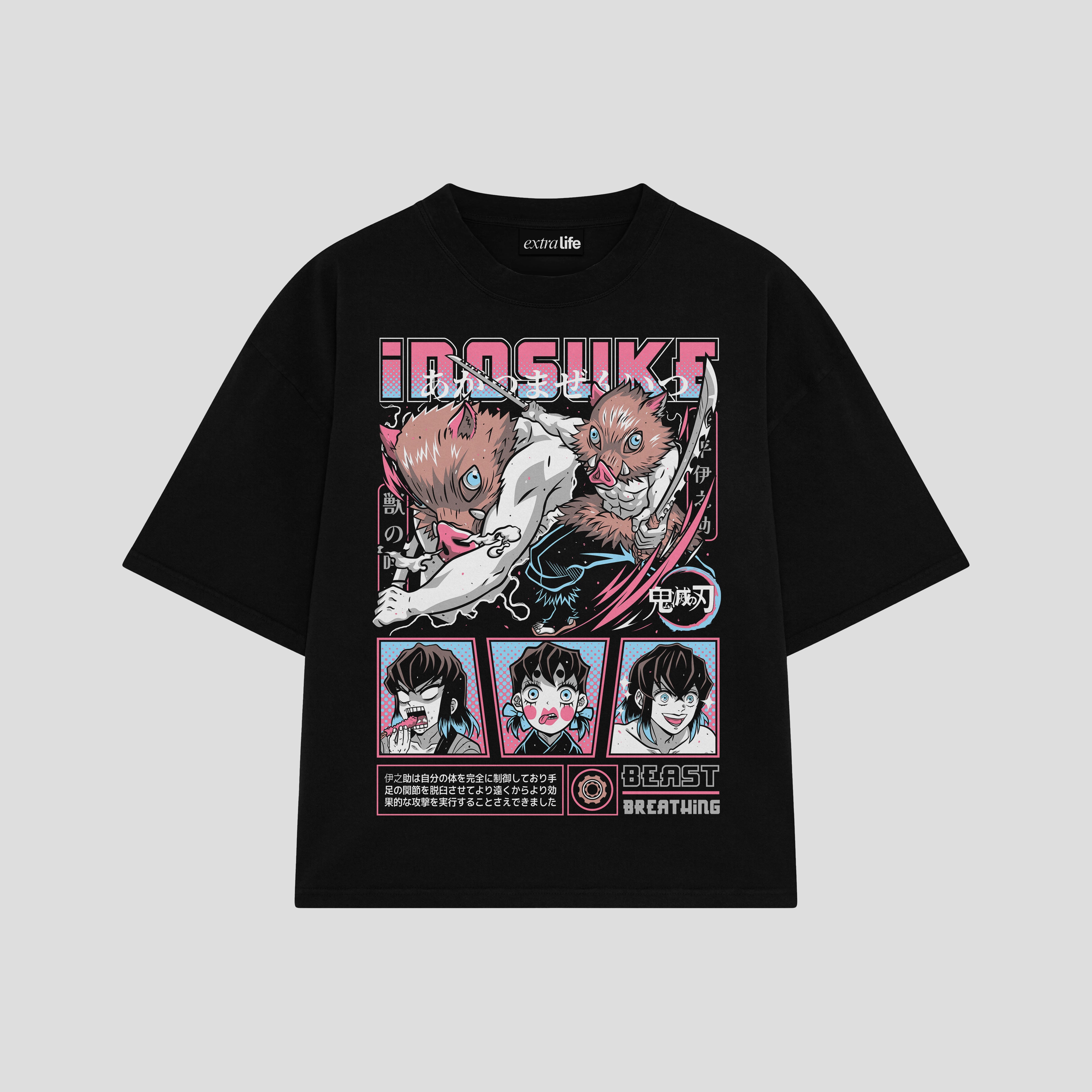 Playera streetwear premium de anime y gaming ExtraLife MX, corte boxy oversized drop shoulder heavyweight en color Deep Black y Off-White, moda urbana mexicana de culto.