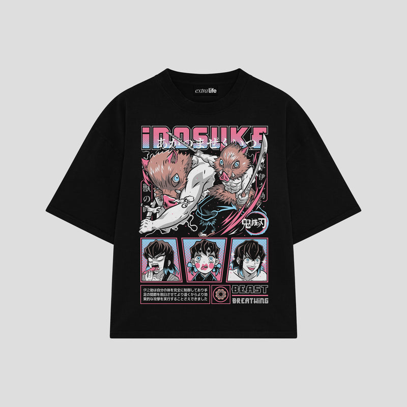 Playera streetwear premium de anime y gaming ExtraLife MX, corte boxy oversized drop shoulder heavyweight en color Deep Black y Off-White, moda urbana mexicana de culto.