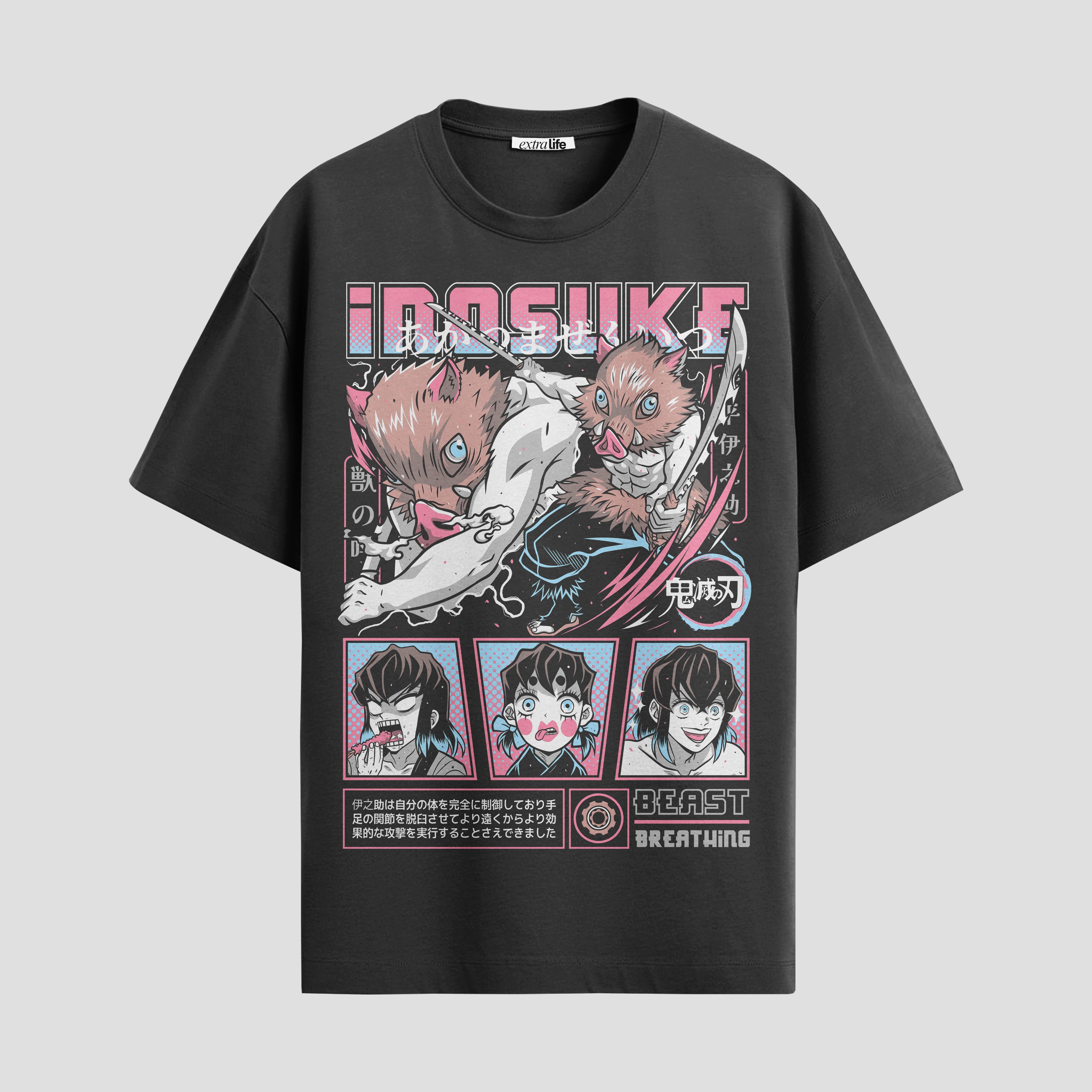 Playera urbana de anime y gaming ExtraLife MX, corte Standard Fit unisex ligero y transpirable en color Deep Black y Pure White, ropa de uso diario para gym y casual.