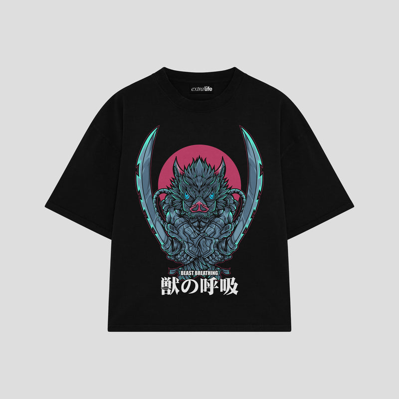 Playera streetwear premium de anime y gaming ExtraLife MX, corte boxy oversized drop shoulder heavyweight en color Deep Black y Off-White, moda urbana mexicana de culto.