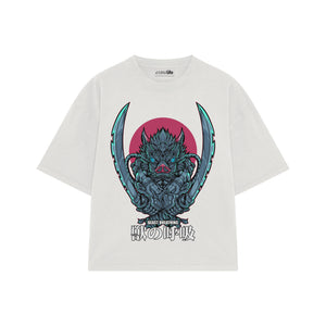 Playera streetwear premium de anime y gaming ExtraLife MX, corte boxy oversized drop shoulder heavyweight en color Deep Black y Off-White, moda urbana mexicana de culto.