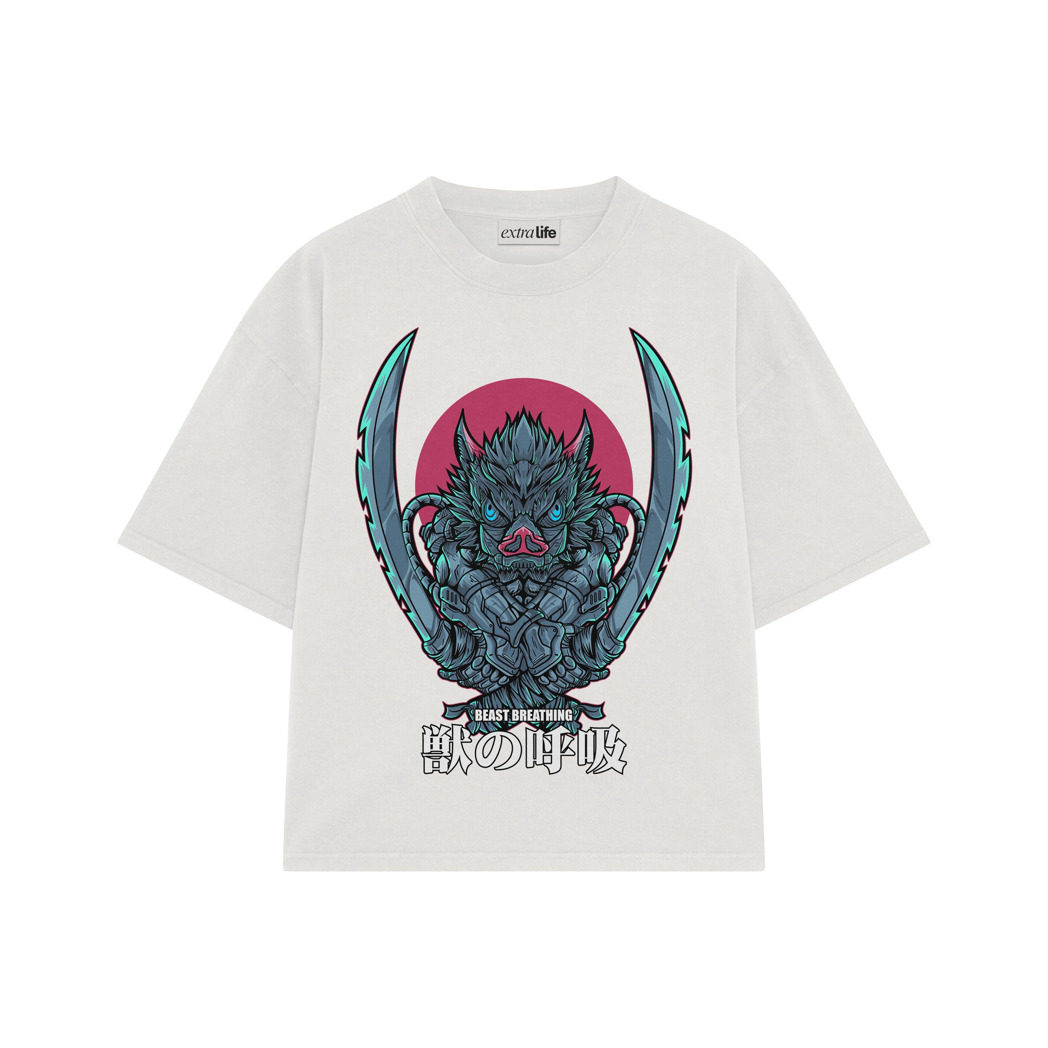 Playera streetwear premium de anime y gaming ExtraLife MX, corte boxy oversized drop shoulder heavyweight en color Deep Black y Off-White, moda urbana mexicana de culto.