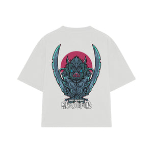 Playera streetwear premium de anime y gaming ExtraLife MX, corte boxy oversized drop shoulder heavyweight en color Deep Black y Off-White, moda urbana mexicana de culto.