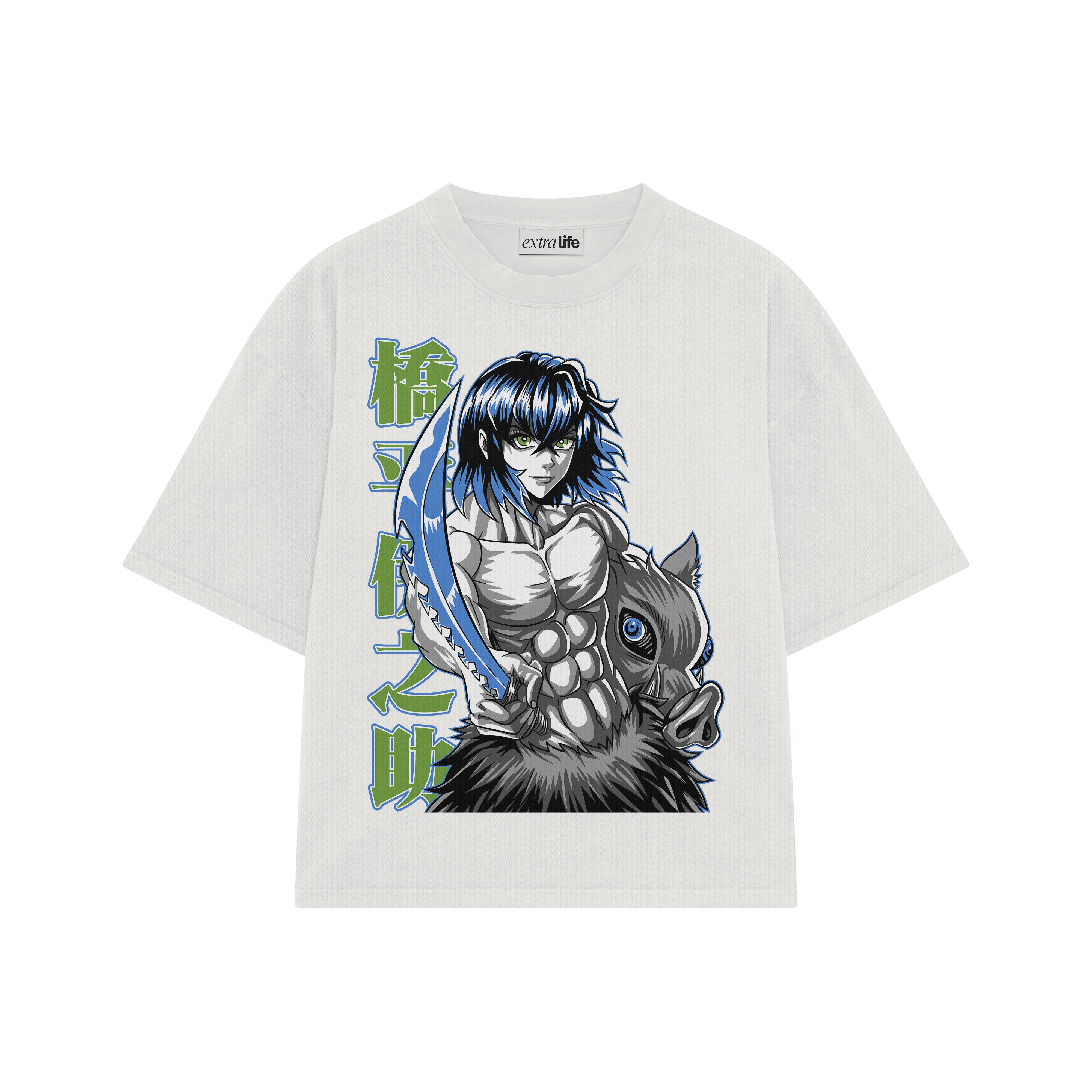 Playera streetwear premium de anime y gaming ExtraLife MX, corte boxy oversized drop shoulder heavyweight en color Deep Black y Off-White, moda urbana mexicana de culto.