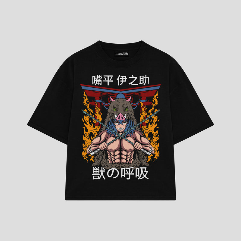 Playera streetwear premium de anime y gaming ExtraLife MX, corte boxy oversized drop shoulder heavyweight en color Deep Black y Off-White, moda urbana mexicana de culto.