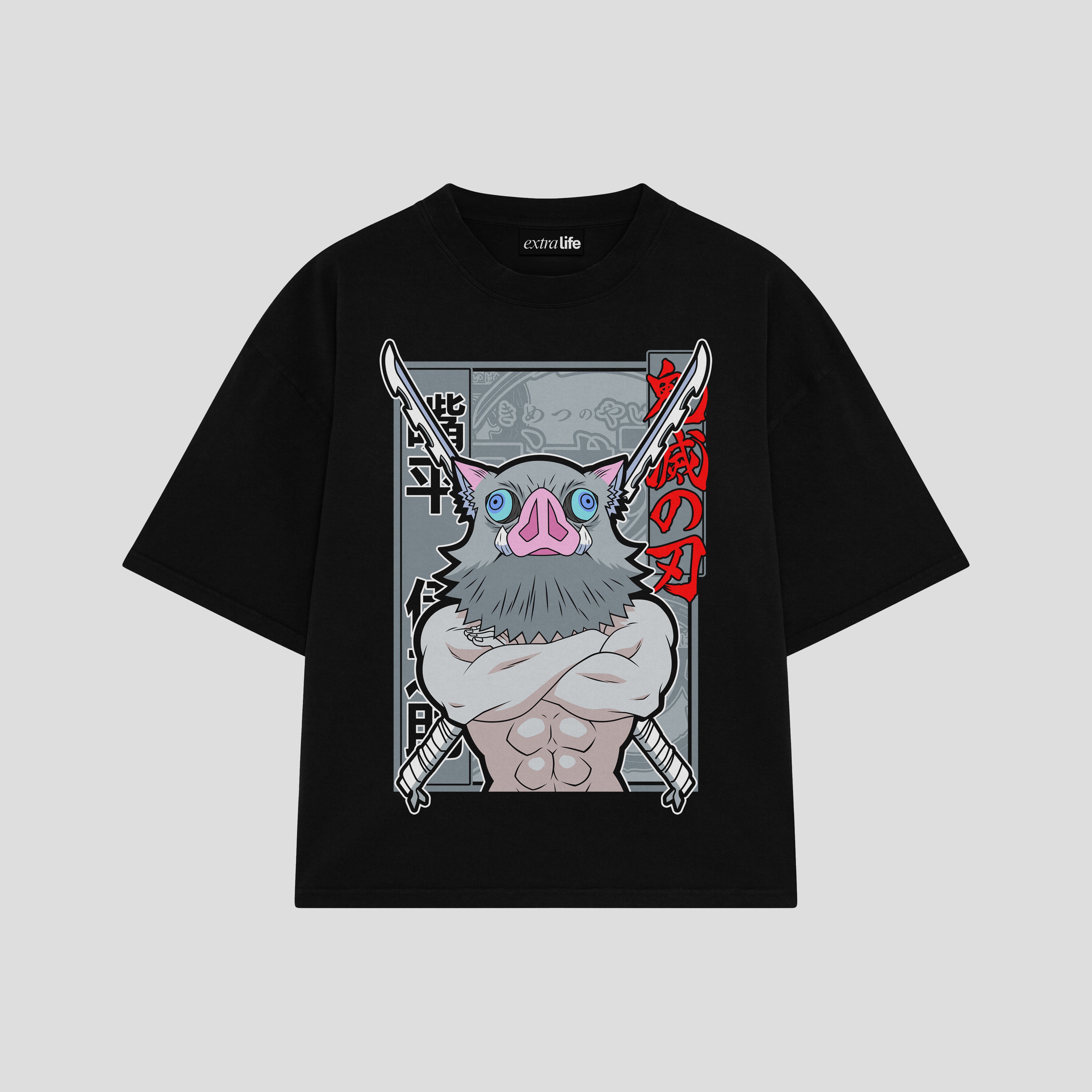 Playera streetwear premium de anime y gaming ExtraLife MX, corte boxy oversized drop shoulder heavyweight en color Deep Black y Off-White, moda urbana mexicana de culto.