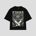 Playera streetwear premium de anime y gaming ExtraLife MX, corte boxy oversized drop shoulder heavyweight en color Deep Black y Off-White, moda urbana mexicana de culto.