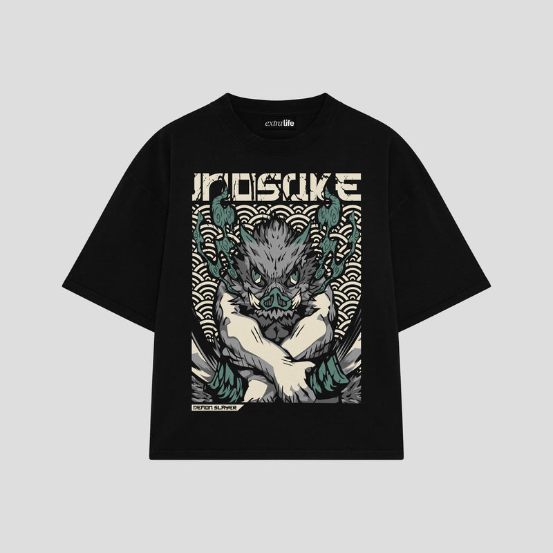 Playera streetwear premium de anime y gaming ExtraLife MX, corte boxy oversized drop shoulder heavyweight en color Deep Black y Off-White, moda urbana mexicana de culto.