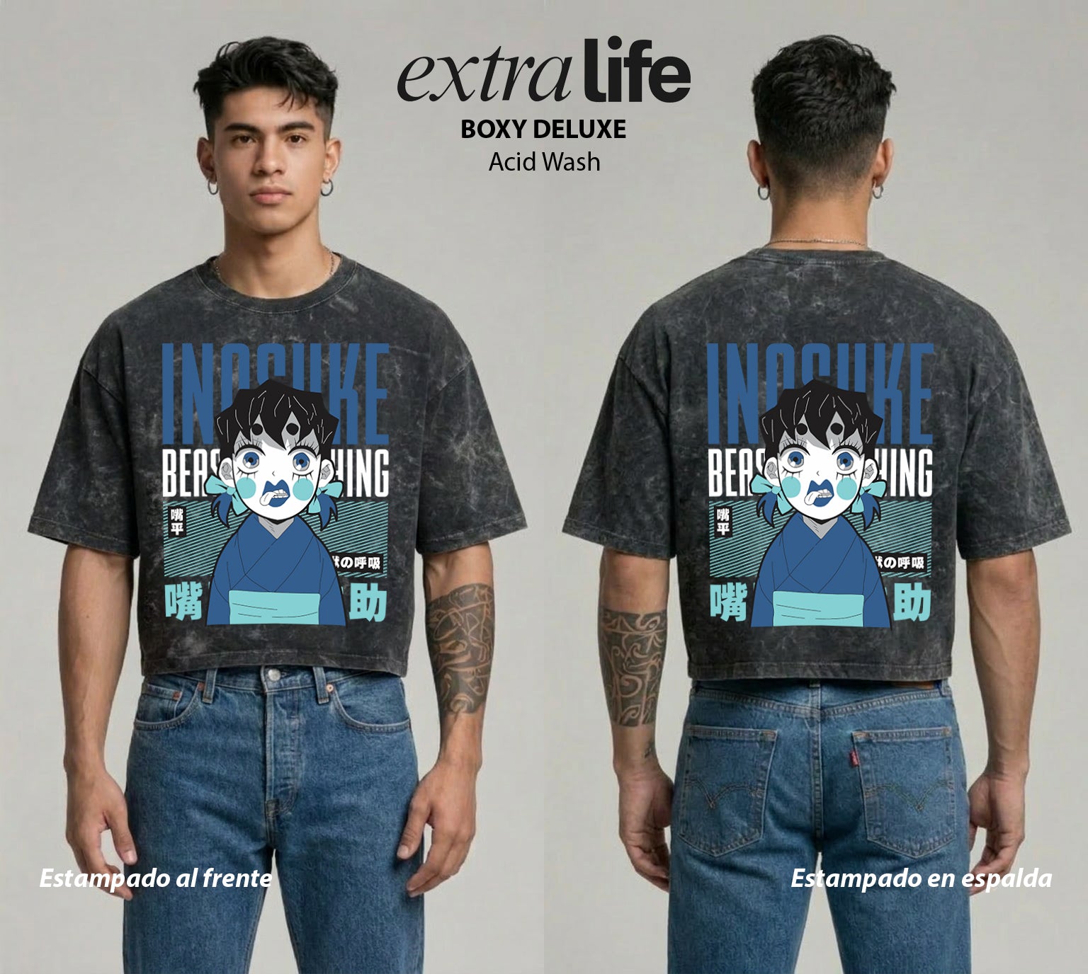 Playera streetwear premium de anime y gaming ExtraLife MX, corte boxy deluxe mineral wash heavyweight en color Acid Wash, moda urbana mexicana de culto.