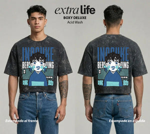 Playera streetwear premium de anime y gaming ExtraLife MX, corte boxy deluxe mineral wash heavyweight en color Acid Wash, moda urbana mexicana de culto.