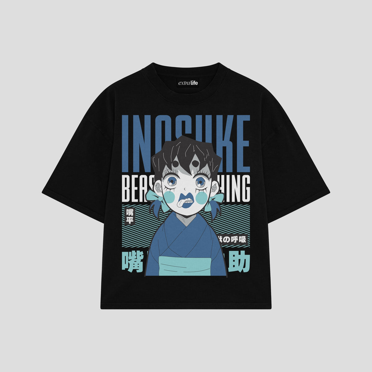 Playera streetwear premium de anime y gaming ExtraLife MX, corte oversized drop shoulder ligero y fresco en color Deep Black y Off-White, moda urbana mexicana de culto.