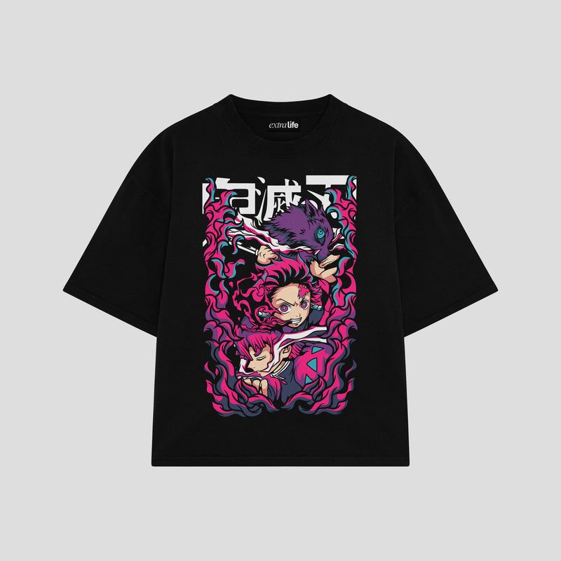 Playera streetwear premium de anime y gaming ExtraLife MX, corte boxy oversized drop shoulder heavyweight en color Deep Black y Off-White, moda urbana mexicana de culto.