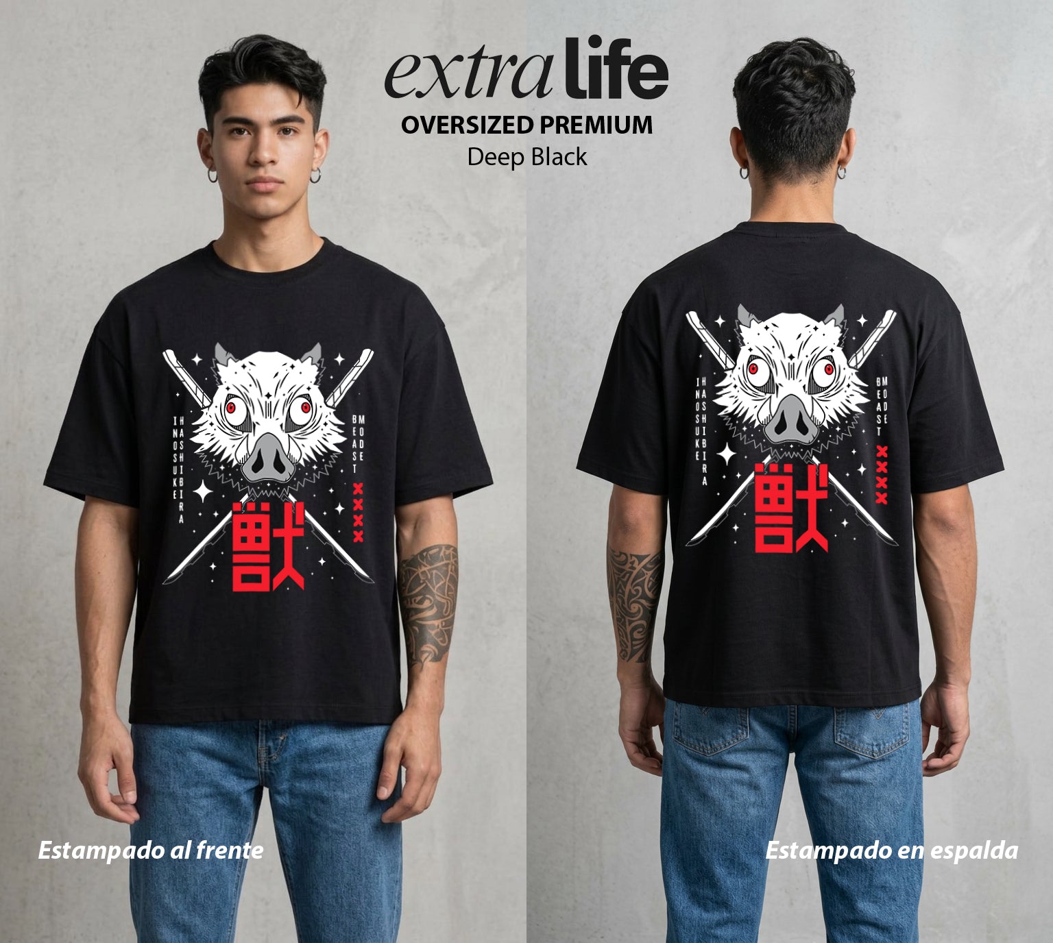 Cazadores de la Noche | Mascara de Jabali #01063 - Playera Oversized Premium | Deep Black - Foto en modelo
