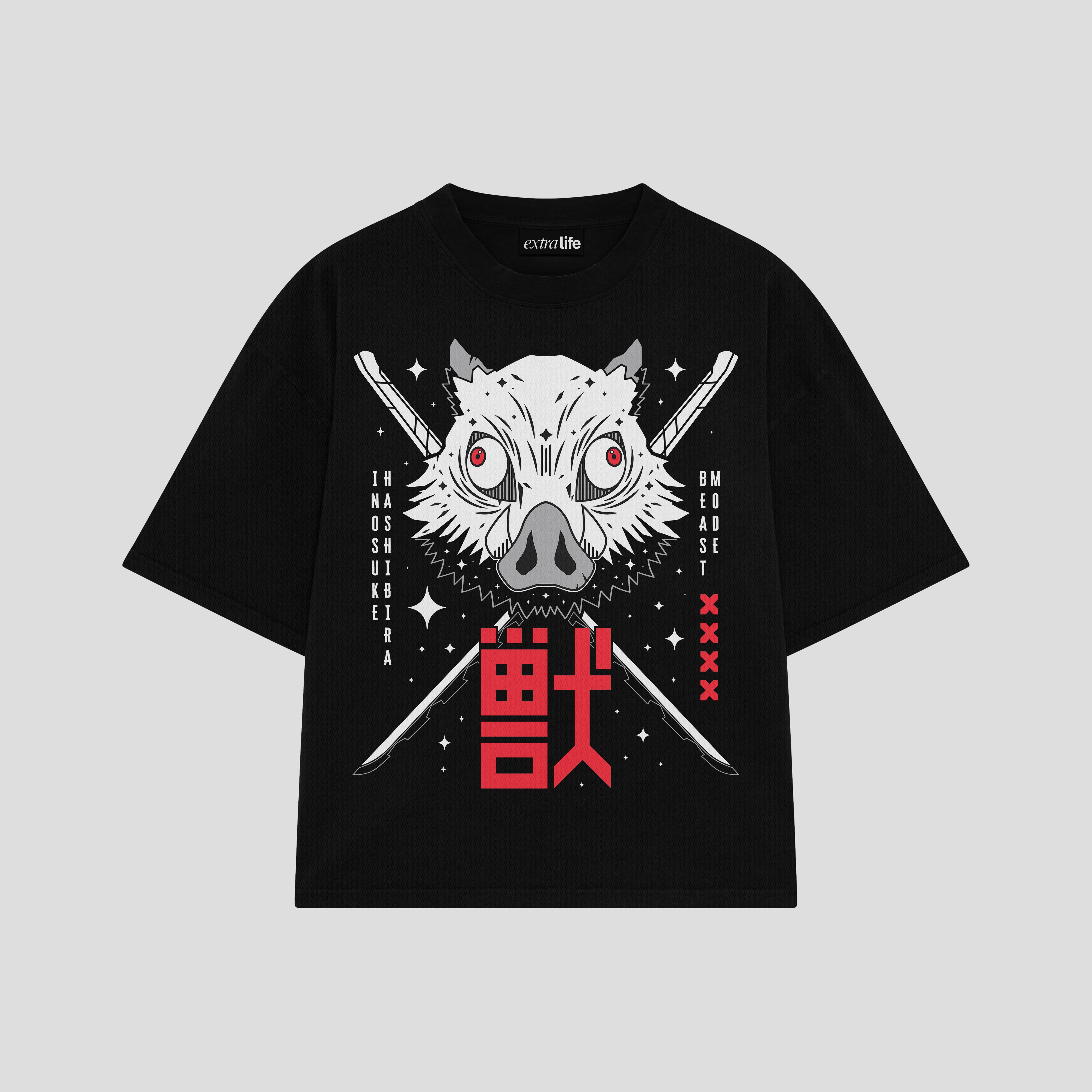 Playera streetwear premium de anime y gaming ExtraLife MX, corte boxy oversized drop shoulder heavyweight en color Deep Black y Off-White, moda urbana mexicana de culto.
