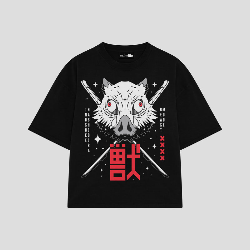 Playera streetwear premium de anime y gaming ExtraLife MX, corte boxy oversized drop shoulder heavyweight en color Deep Black y Off-White, moda urbana mexicana de culto.