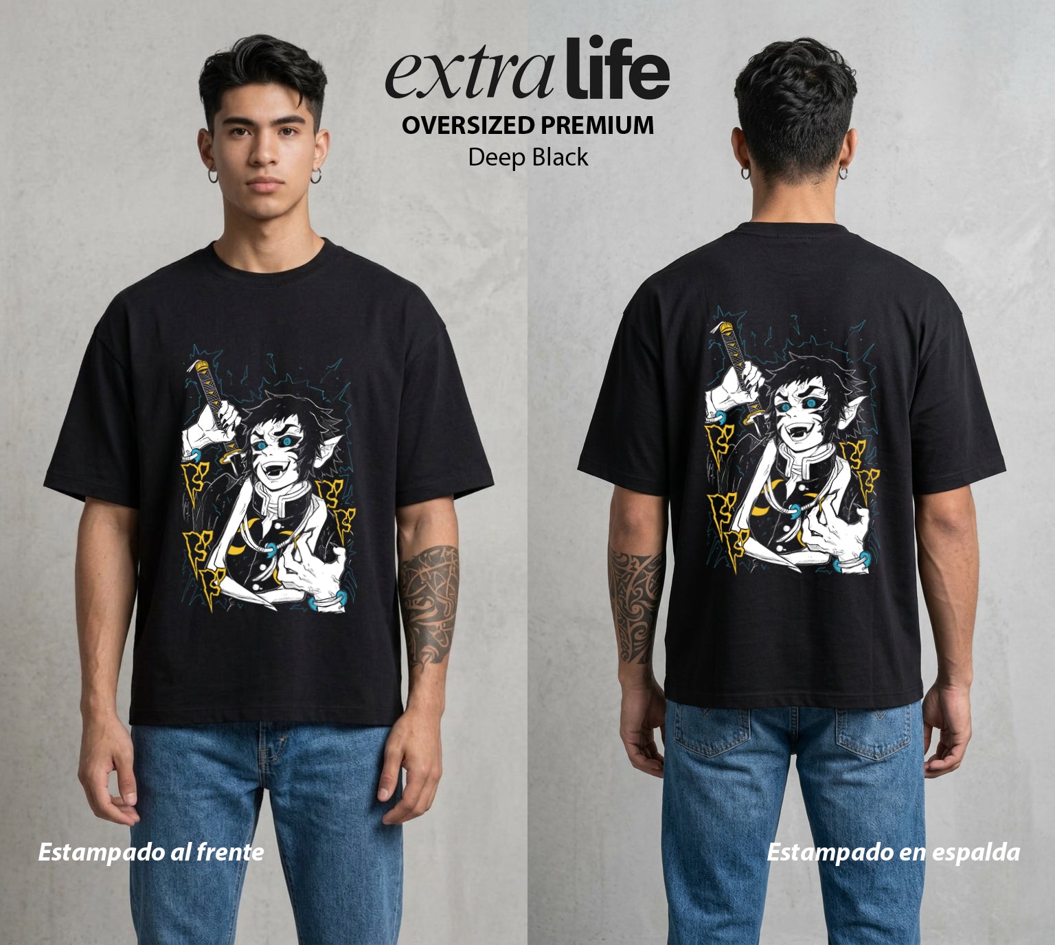 Cazadores de la Noche | Demon Slayer Kaigaku #01064 - Playera Oversized Premium | Deep Black - Foto en modelo