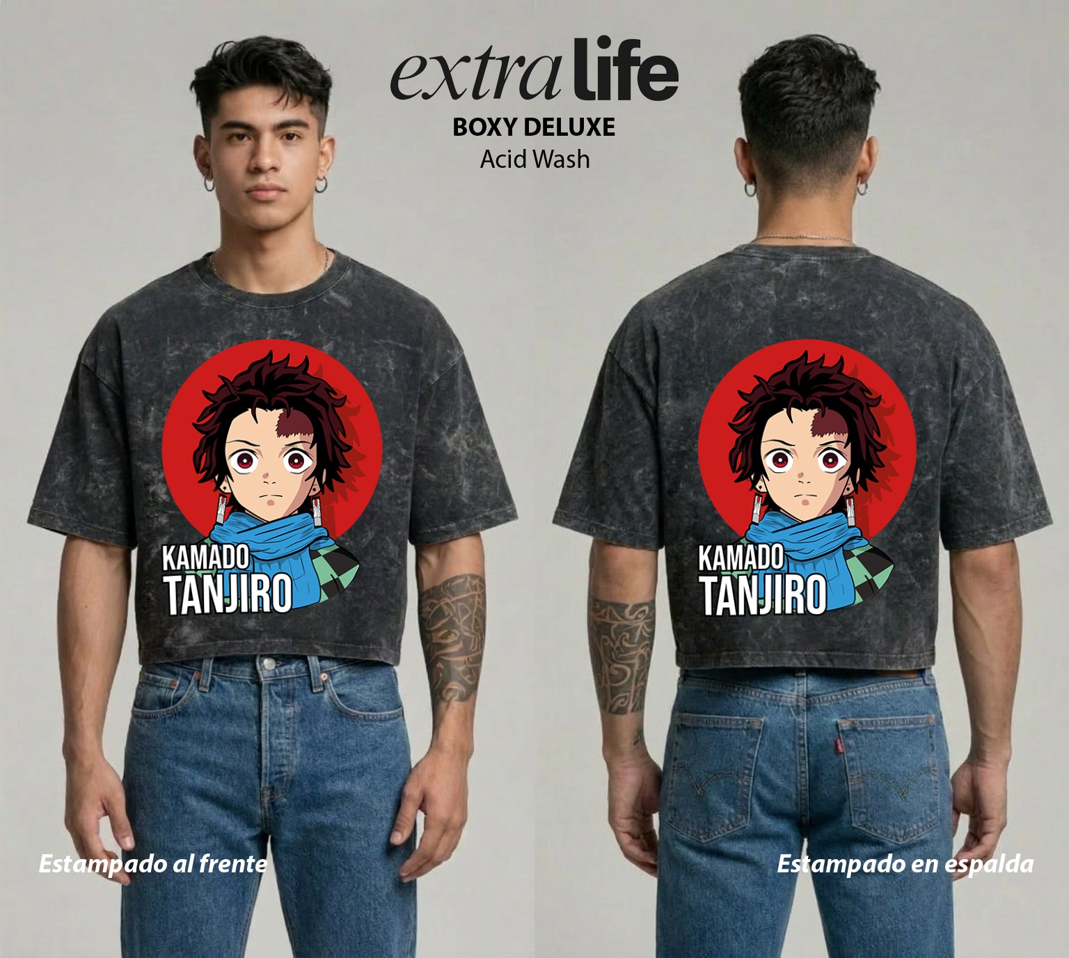 Playera streetwear premium de anime y gaming ExtraLife MX, corte boxy deluxe mineral wash heavyweight en color Acid Wash, moda urbana mexicana de culto.