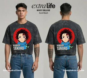 Playera streetwear premium de anime y gaming ExtraLife MX, corte boxy deluxe mineral wash heavyweight en color Acid Wash, moda urbana mexicana de culto.