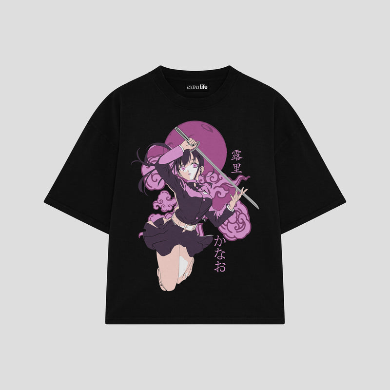 Playera streetwear premium de anime y gaming ExtraLife MX, corte boxy oversized drop shoulder heavyweight en color Deep Black y Off-White, moda urbana mexicana de culto.