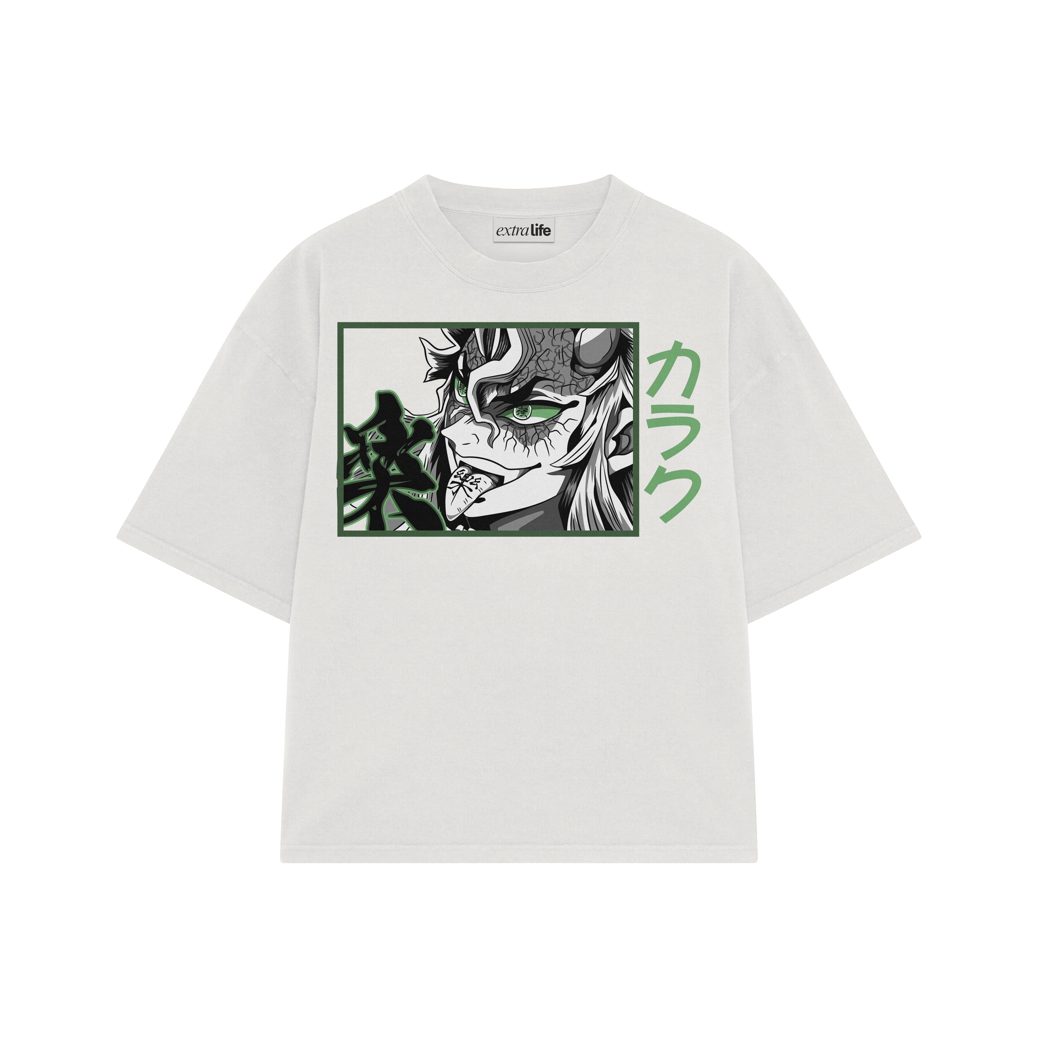 Playera streetwear premium de anime y gaming ExtraLife MX, corte boxy oversized drop shoulder heavyweight en color Deep Black y Off-White, moda urbana mexicana de culto.