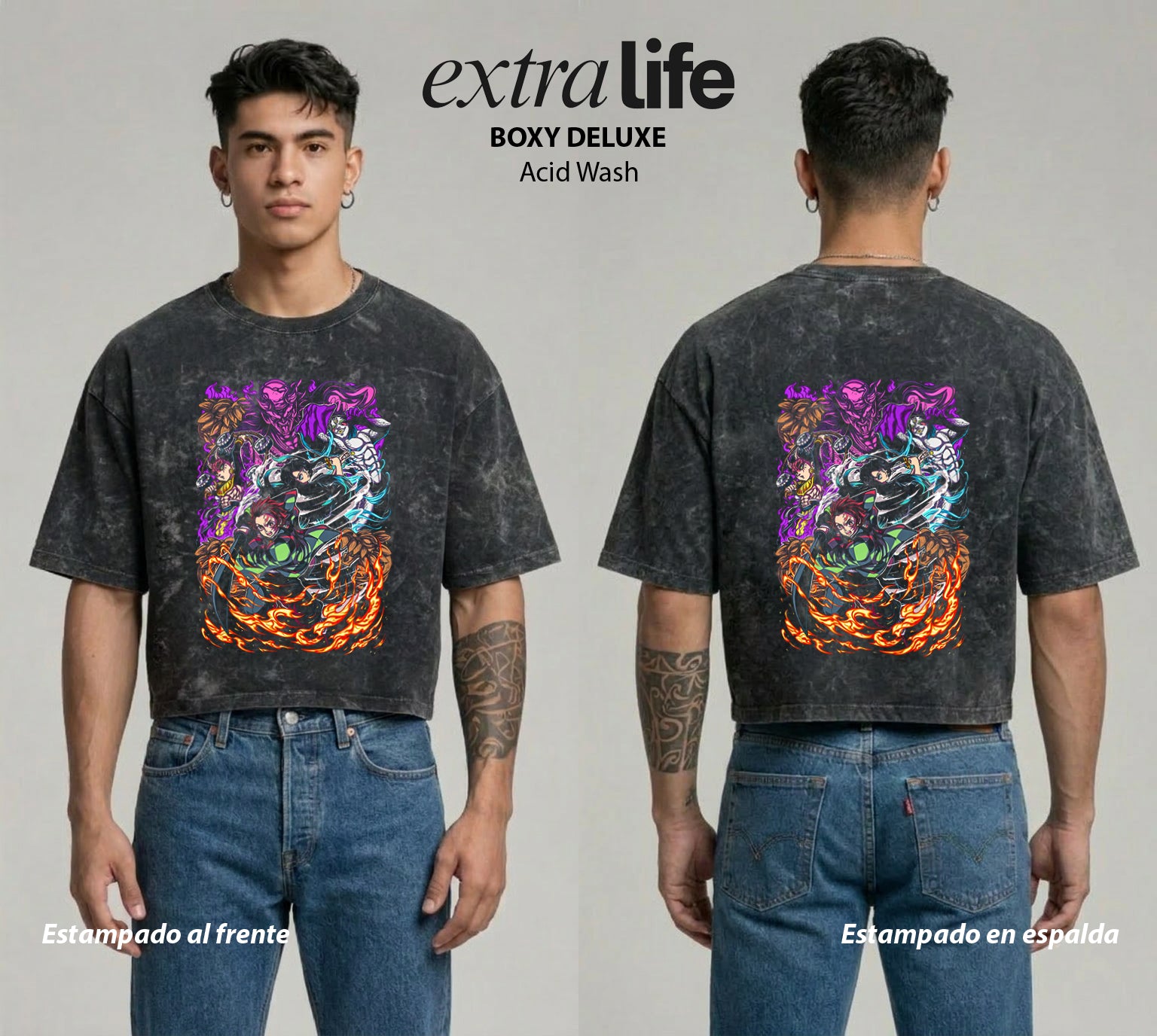 Playera streetwear premium de anime y gaming ExtraLife MX, corte boxy deluxe mineral wash heavyweight en color Acid Wash, moda urbana mexicana de culto.