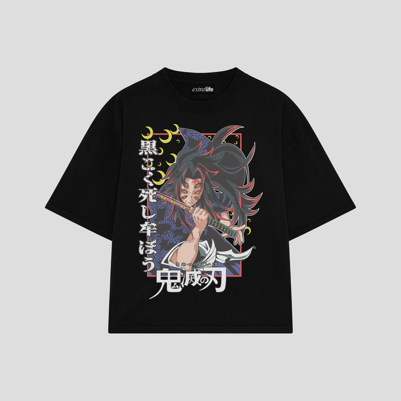 Playera streetwear premium de anime y gaming ExtraLife MX, corte boxy oversized drop shoulder heavyweight en color Deep Black y Off-White, moda urbana mexicana de culto.