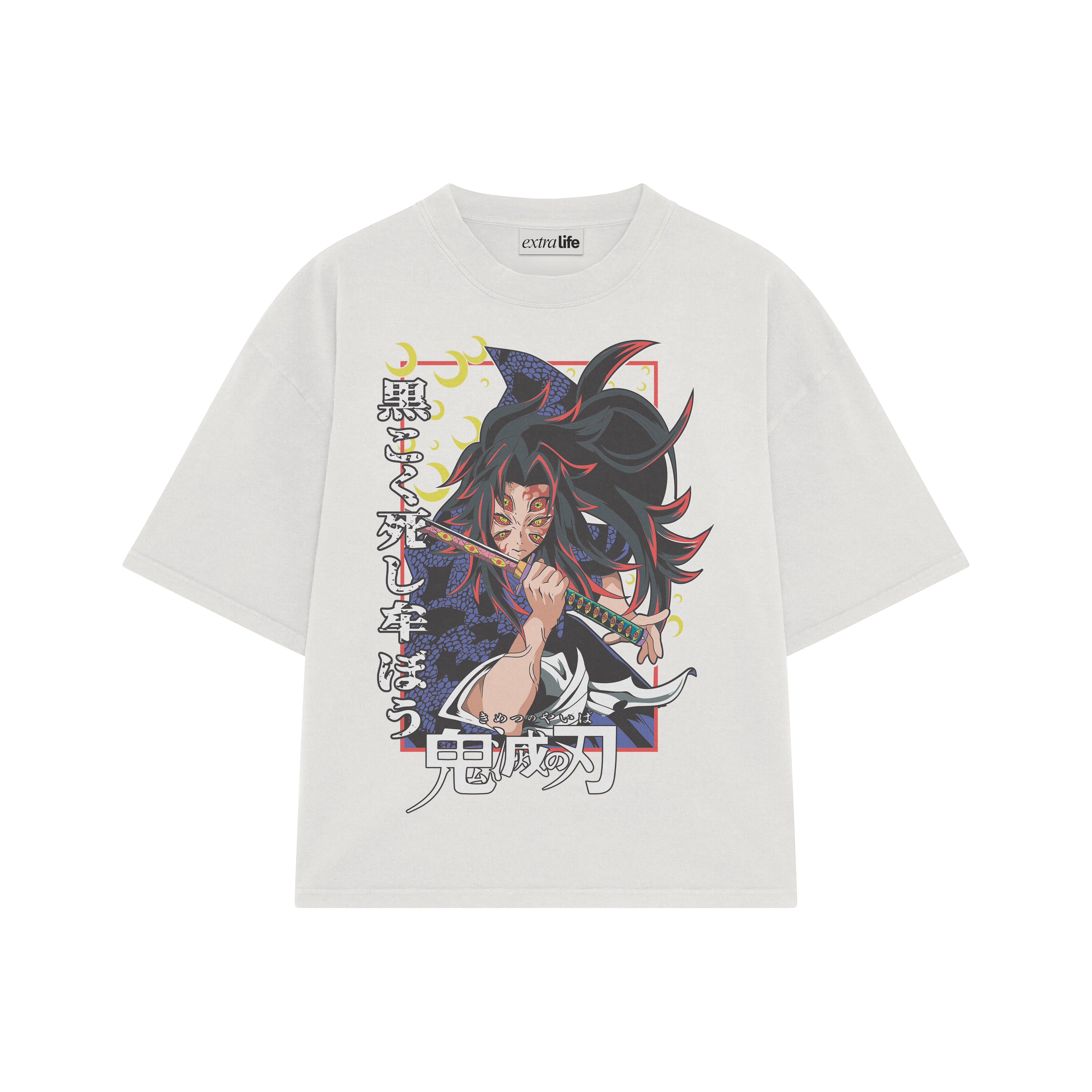 Playera streetwear premium de anime y gaming ExtraLife MX, corte boxy oversized drop shoulder heavyweight en color Deep Black y Off-White, moda urbana mexicana de culto.