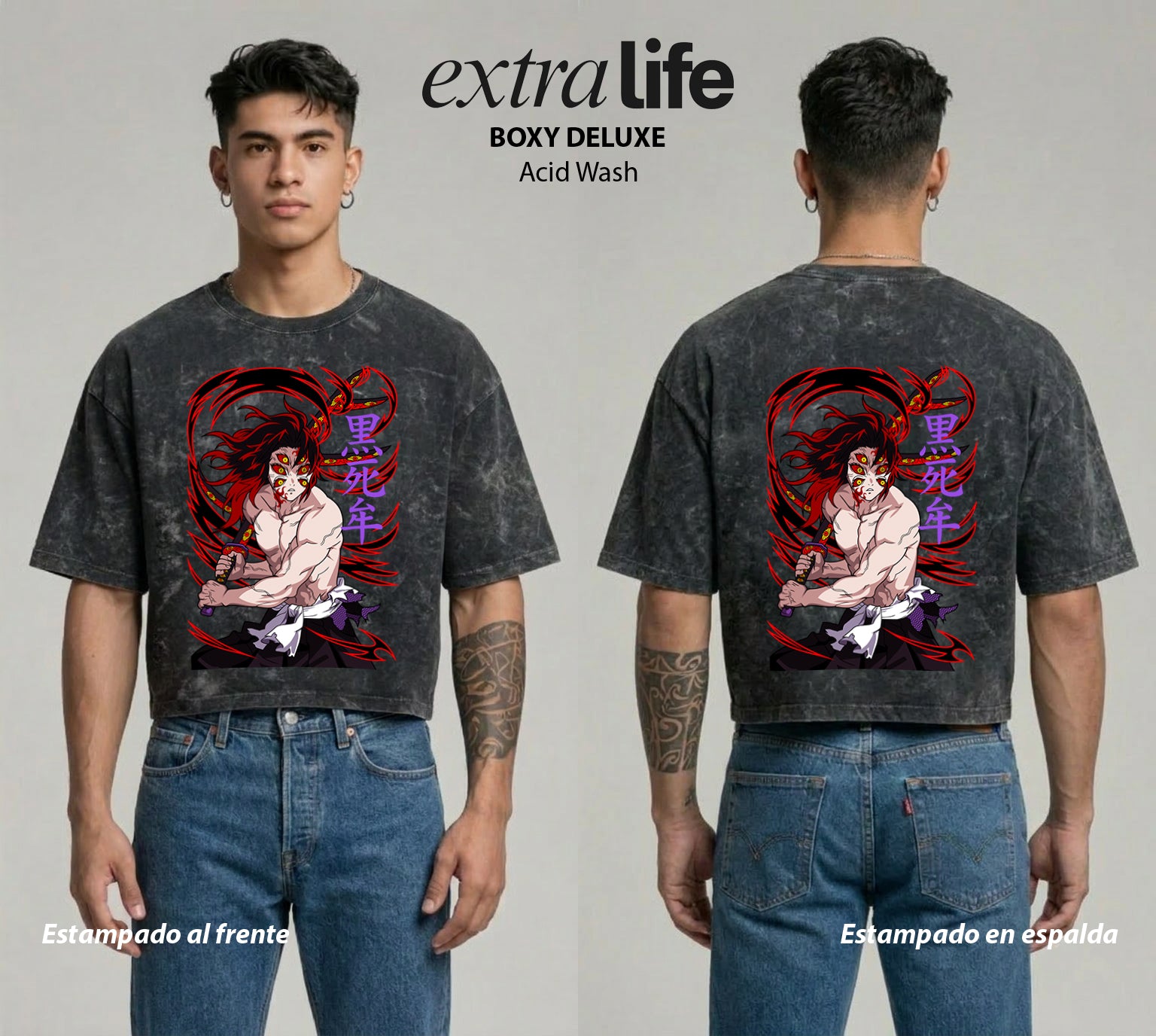 Playera streetwear premium de anime y gaming ExtraLife MX, corte boxy deluxe mineral wash heavyweight en color Acid Wash, moda urbana mexicana de culto.