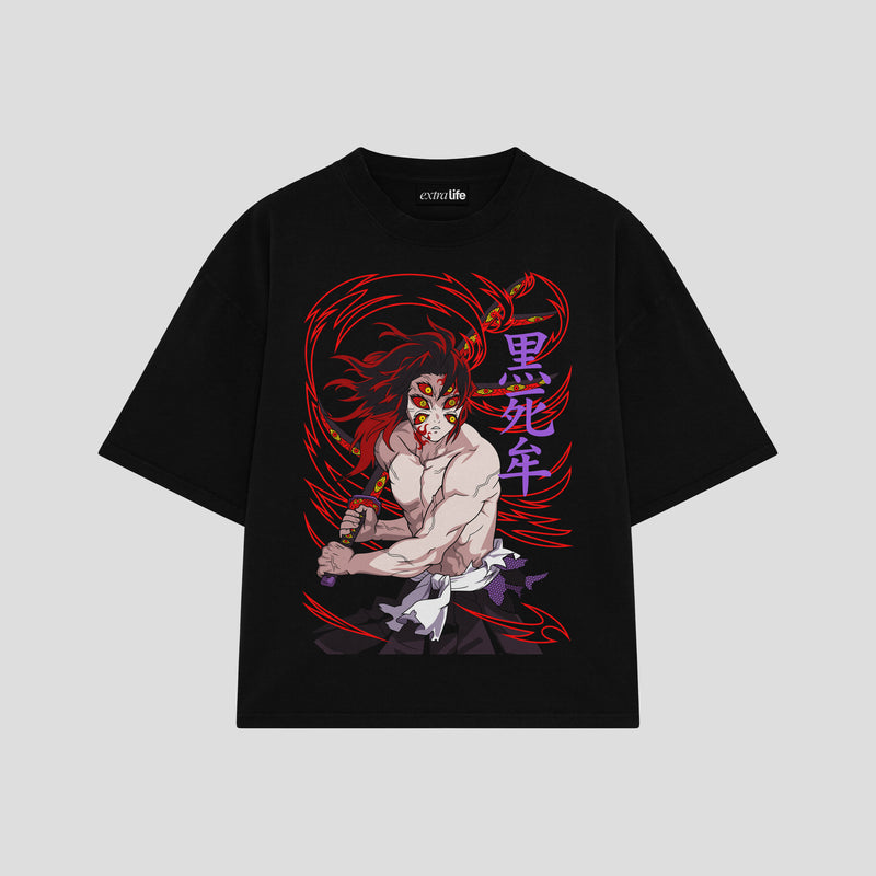 Playera streetwear premium de anime y gaming ExtraLife MX, corte boxy oversized drop shoulder heavyweight en color Deep Black y Off-White, moda urbana mexicana de culto.