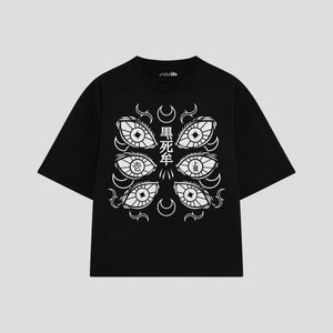 Playera streetwear premium de anime y gaming ExtraLife MX, corte boxy oversized drop shoulder heavyweight en color Deep Black y Off-White, moda urbana mexicana de culto.