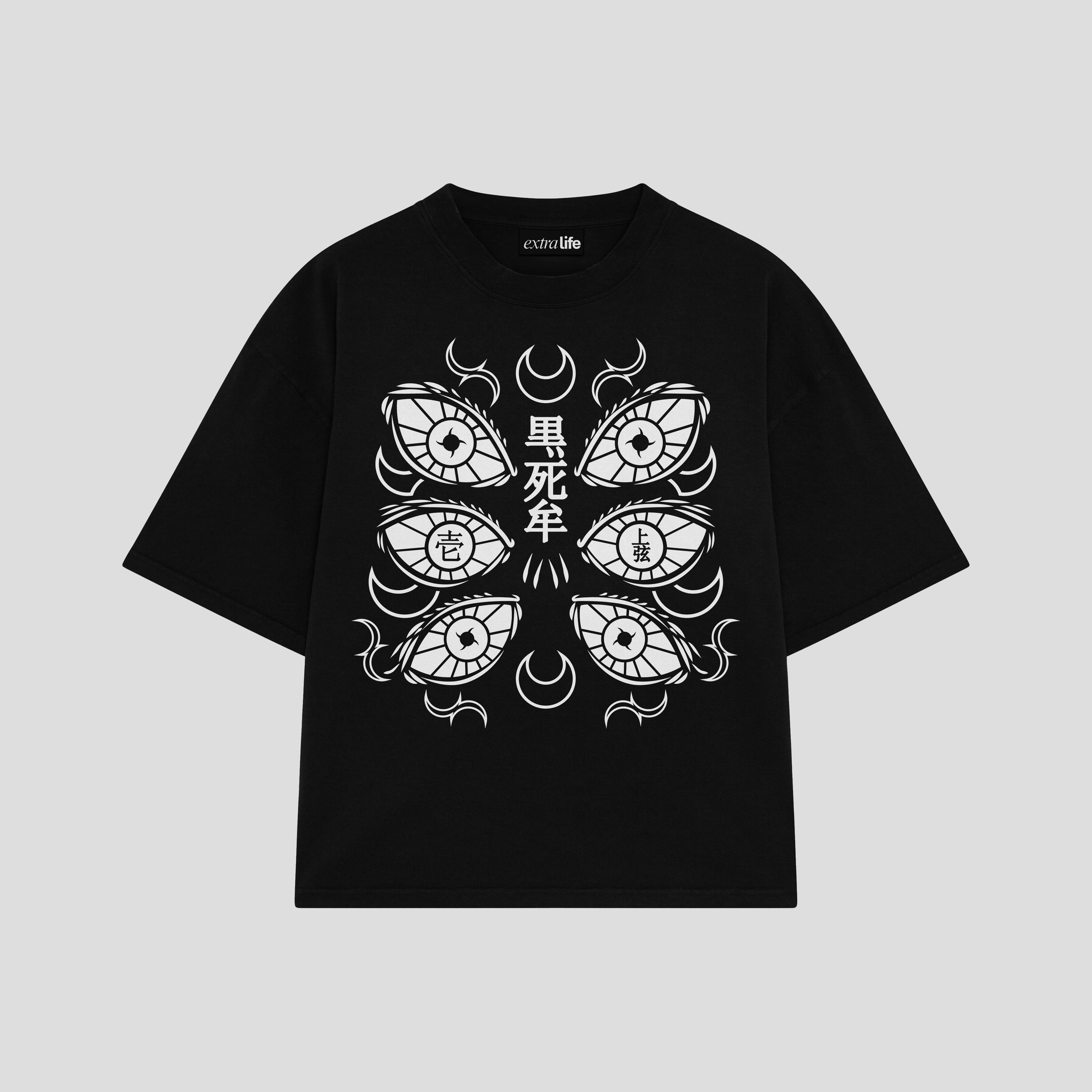 Playera streetwear premium de anime y gaming ExtraLife MX, corte boxy oversized drop shoulder heavyweight en color Deep Black y Off-White, moda urbana mexicana de culto.