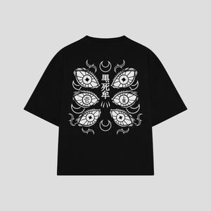 Playera streetwear premium de anime y gaming ExtraLife MX, corte boxy oversized drop shoulder heavyweight en color Deep Black y Off-White, moda urbana mexicana de culto.