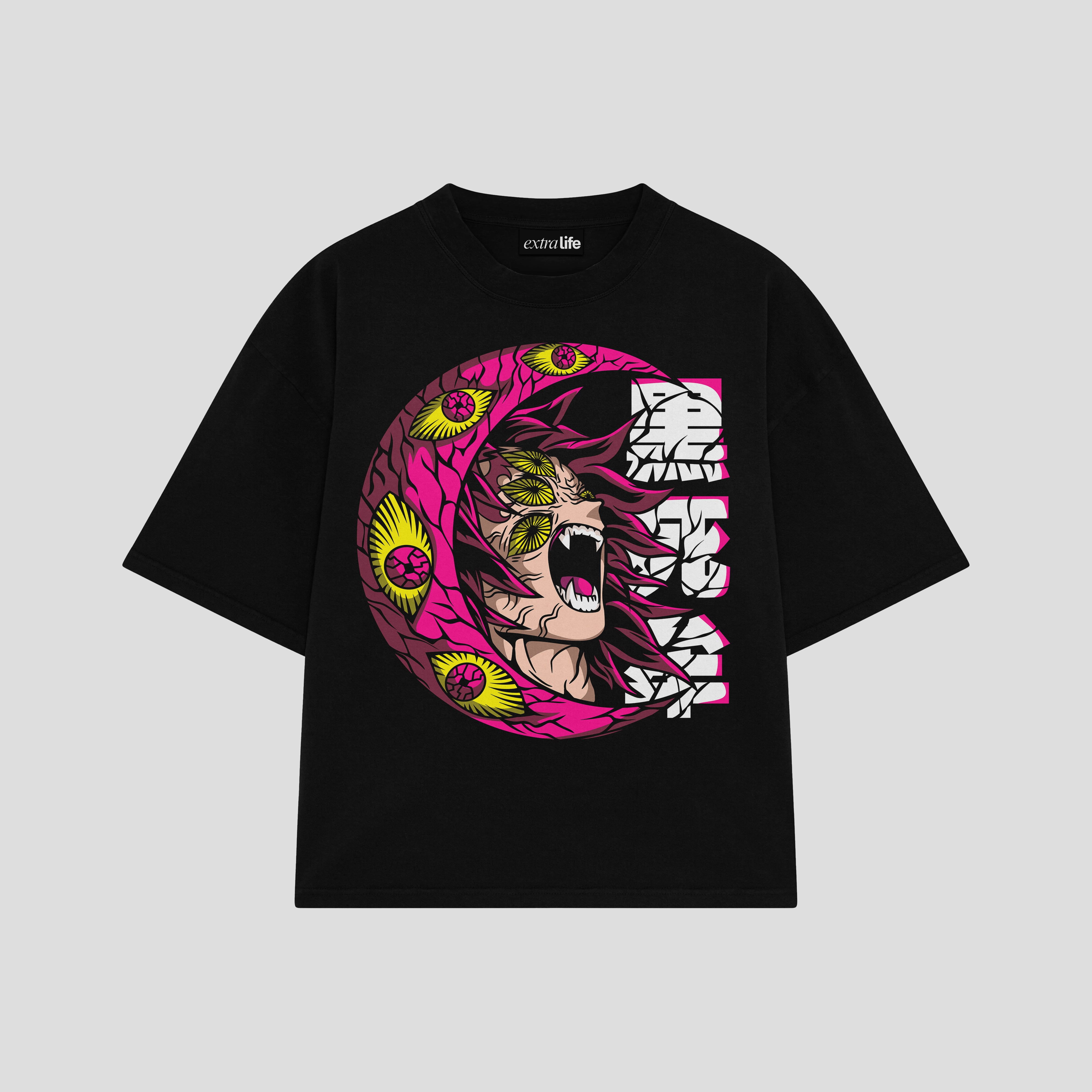 Playera streetwear premium de anime y gaming ExtraLife MX, corte boxy oversized drop shoulder heavyweight en color Deep Black y Off-White, moda urbana mexicana de culto.