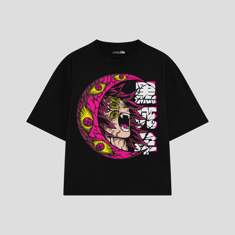 Playera streetwear premium de anime y gaming ExtraLife MX, corte boxy oversized drop shoulder heavyweight en color Deep Black y Off-White, moda urbana mexicana de culto.