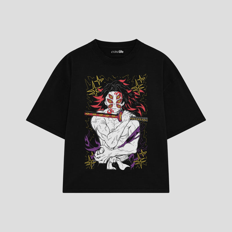 Playera streetwear premium de anime y gaming ExtraLife MX, corte boxy oversized drop shoulder heavyweight en color Deep Black y Off-White, moda urbana mexicana de culto.